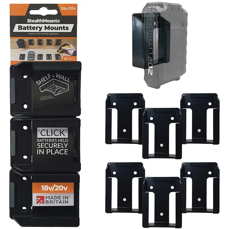 StealthMounts Battery Mounts for Stanley Fat Max, Black & Decker & Porter Cable 18V Black, 6-Pack