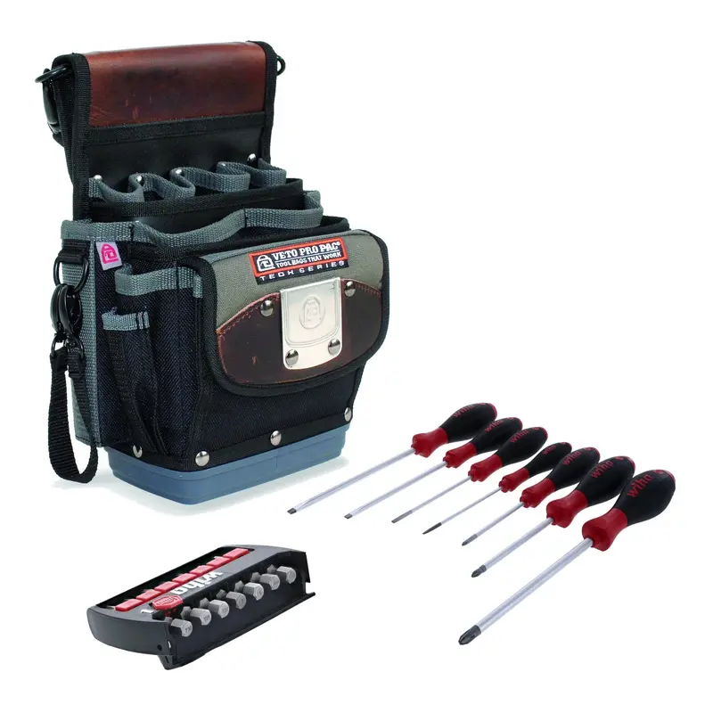 Veto Pro Pac TP4B Clip On Tool Pouch with WIHA 7-Piece SoftFinish Screwdriver Set and 7-Piece TerminatorBlue 2-in. Impact Bit Set