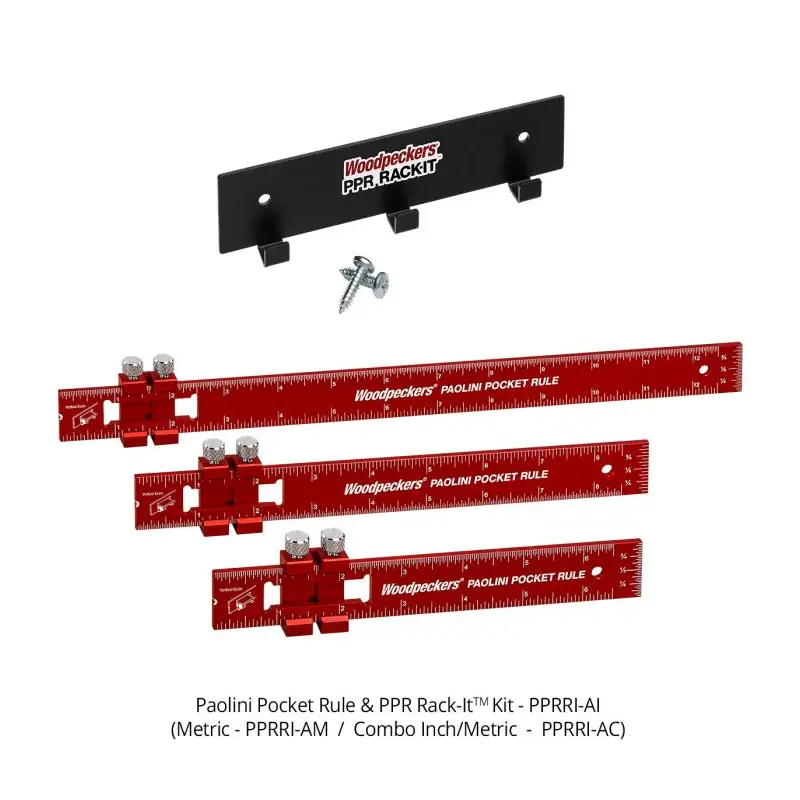 Woodpeckers PPRRI-AI 3-Piece Aluminum Paolini Pocket Rule Set w/ PPR Rack-It, Inch