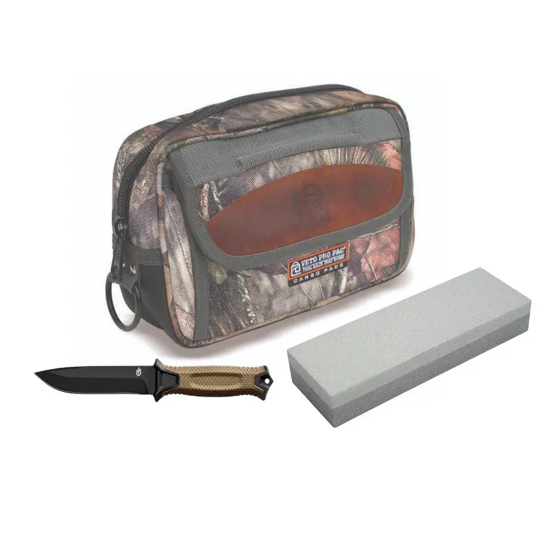 Veto Pro Pac CP4 Camo Mossy Oak Grubber Cargo Pac Tool Bag with Gerber StrongArm Knife and Bora Sharpening Stone