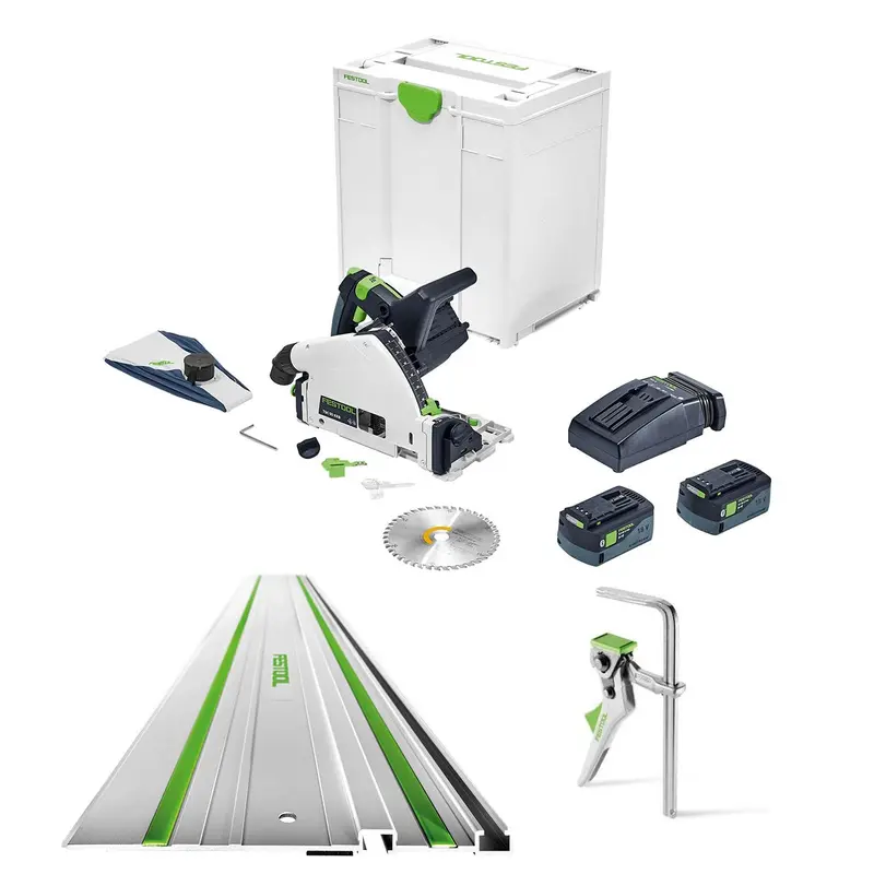 Festool TSC 55 K Cordless Track Saw 5.0Ah Kit with Kickback Stop, a FS 1400 55" Guide Rail, and Quick Ratcheting Clamp, 6-5/8"