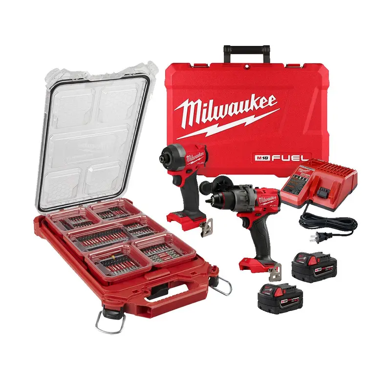Milwaukee 3697-22 M18 FUEL Gen4 1/2-in. Hammer Drill and 1/4-in. Hex Impact Driver Combo Kit with PACKOUT Organizer + SHOCKWAVE 100-Piece Impact Bit Set