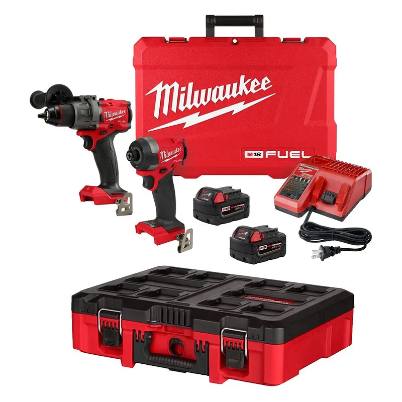 Milwaukee 3697-22 M18 FUEL Gen4 1/2-in. Hammer Drill and 1/4-in. Hex Impact Driver Combo Kit with PACKOUT Tool Case with Customizable Insert