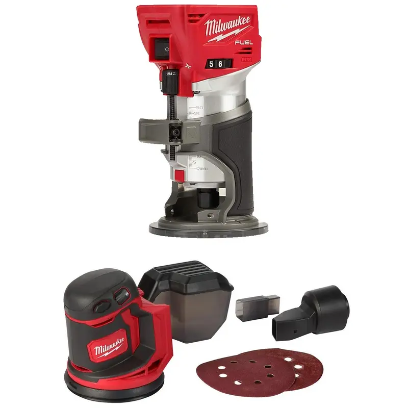 Milwaukee 2723-20 M18 FUEL Brushless Compact Router and Cordless 5-Inch Random Orbit Sander Kit
