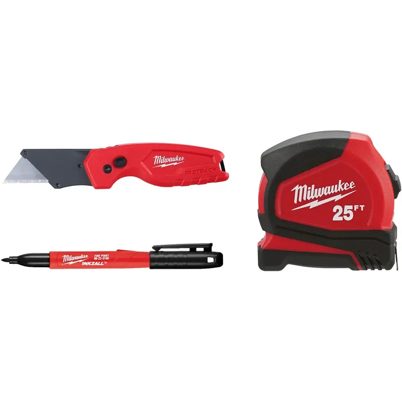 Milwaukee 48-22-6625 25ft Compact Tape Measure, 48-22-1500 Fastback Compact Utility Knife, and 48-22-3105 2PK Fine Point Black Markers Combo Kit