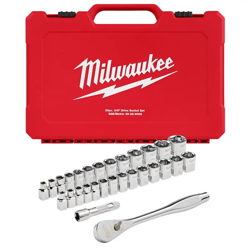 Milwaukee 48-22-9088 29pc 3/8" Drive Metric & SAE Ratchet and Socket Set with Four Flat Sides