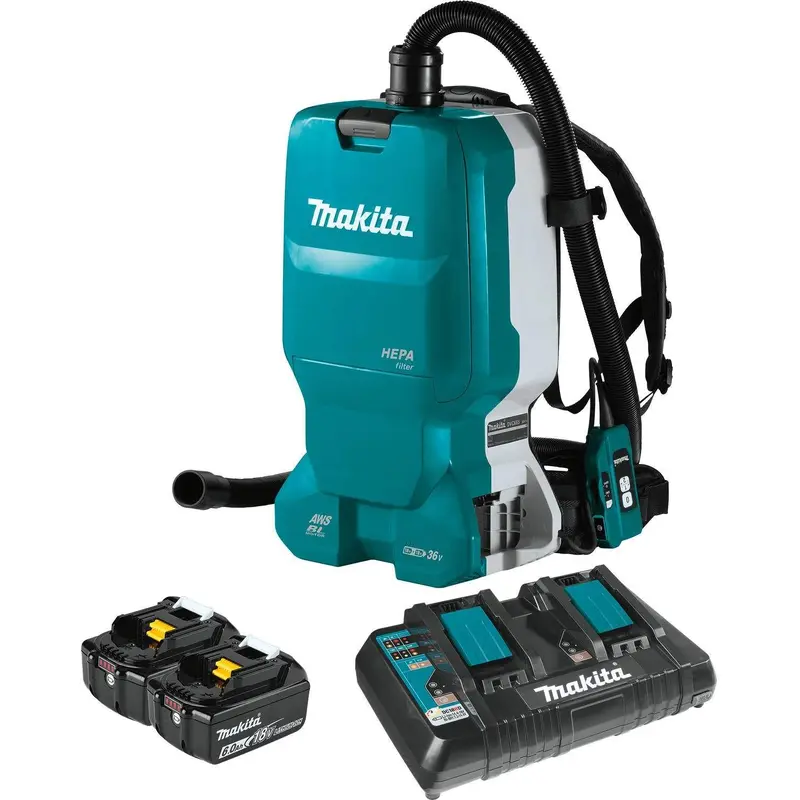 Makita XCV18PTX 36V (18V X2) LXT Brushless 1.6 Gallon HEPA Filter Backpack Dry Dust Extractor Kit, AWS Capable (5.0 Ah)