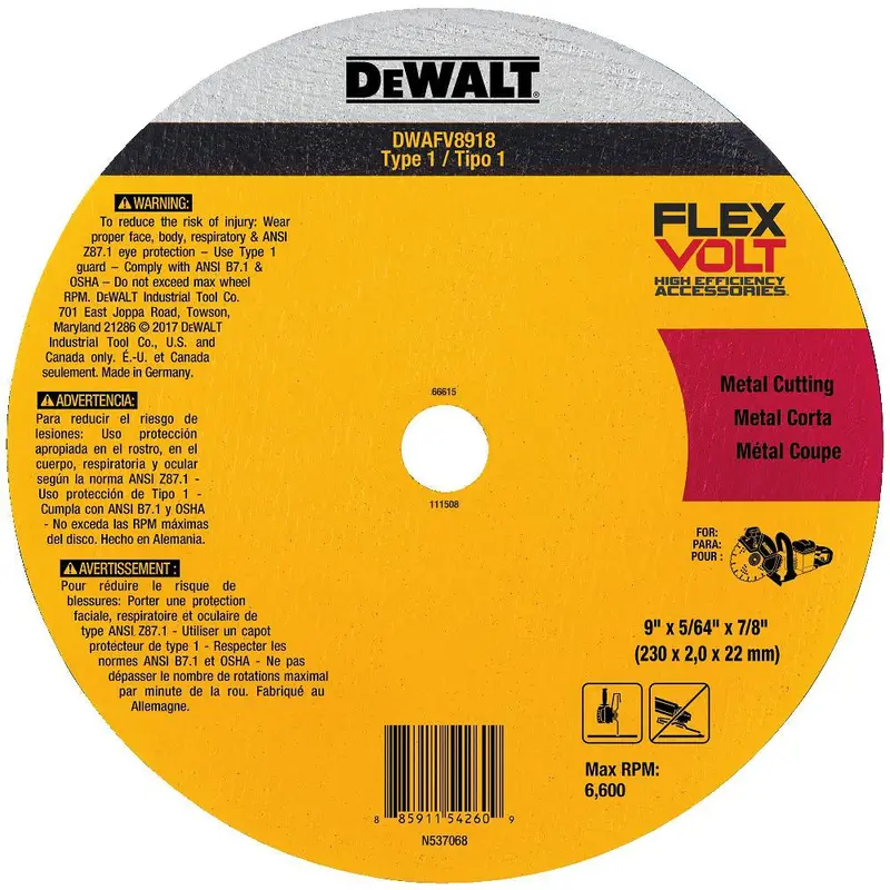 DeWalt DWAFV8918 FlexVOLT 9" x 5/64" x 7/8" Metal Cutoff Wheel