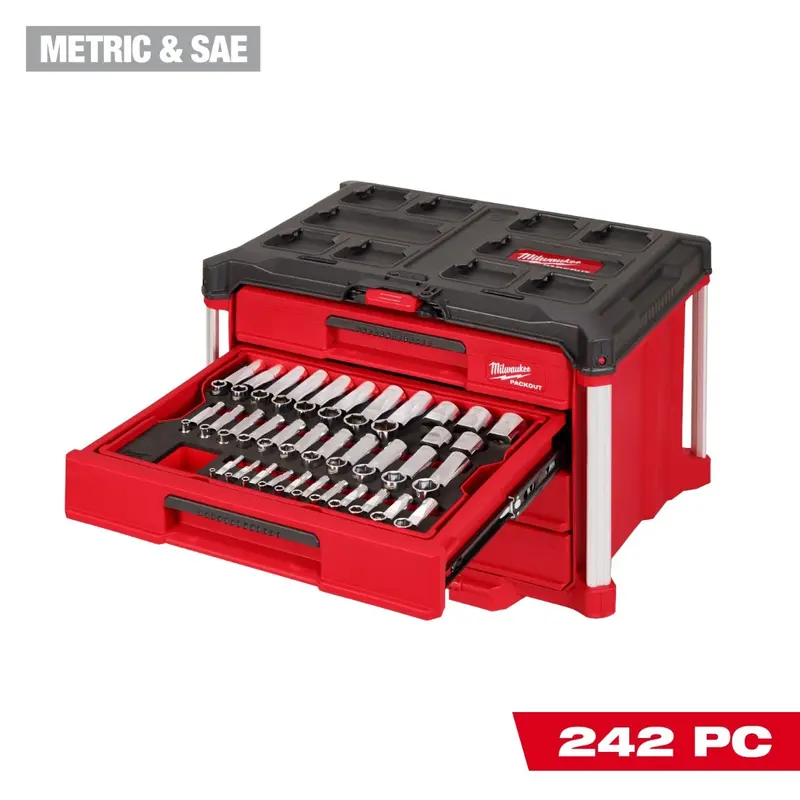 Milwaukee 48-22-9491 PACKOUT Ratchet & Socket Set 242-Piece Drive Metric & SAE with PACKOUT 4-Drawer Tool Box