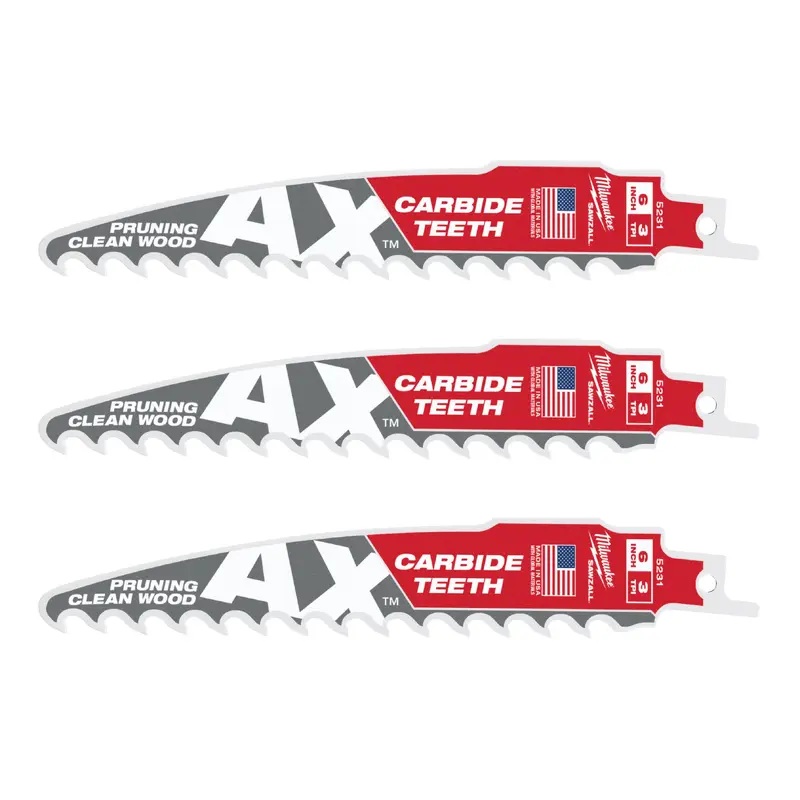 Milwaukee 48-00-5331 6-Inch 3-TPI The AX with Carbide Teeth for Pruning & Clean Wood SAWZALL Reciprocating Saw Blade, 3-Pack (PROMO)