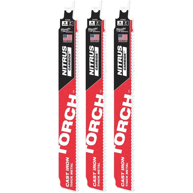 Milwaukee 48-00-5362 TORCH with NITRUS Carbide 9-Inch 7-TPI Recip Saw Blade, 3-Pack (PROMO)