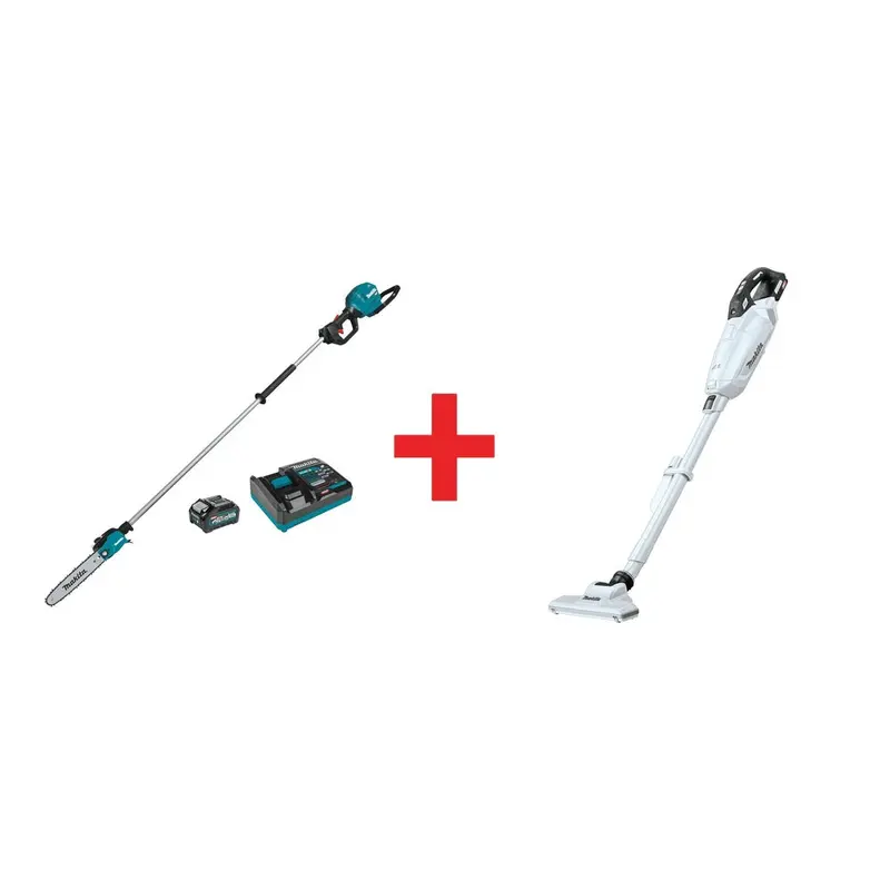 Makita 40V max XGT Brushless 10" Pole Saw Kit, 8' Length (4.0Ah) and 4-Speed Compact Stick Vacuum Kit