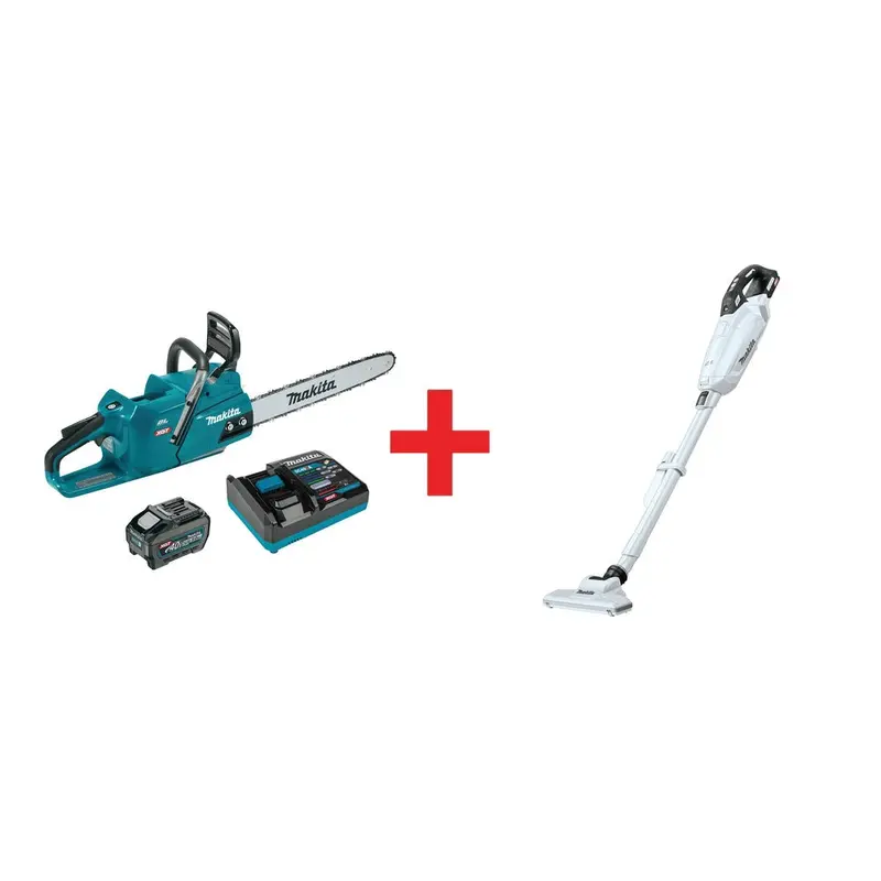 Makita 40V max XGT Brushless 18" Chain Saw Kit (5.0Ah) with 4-Speed Compact Stick Vacuum