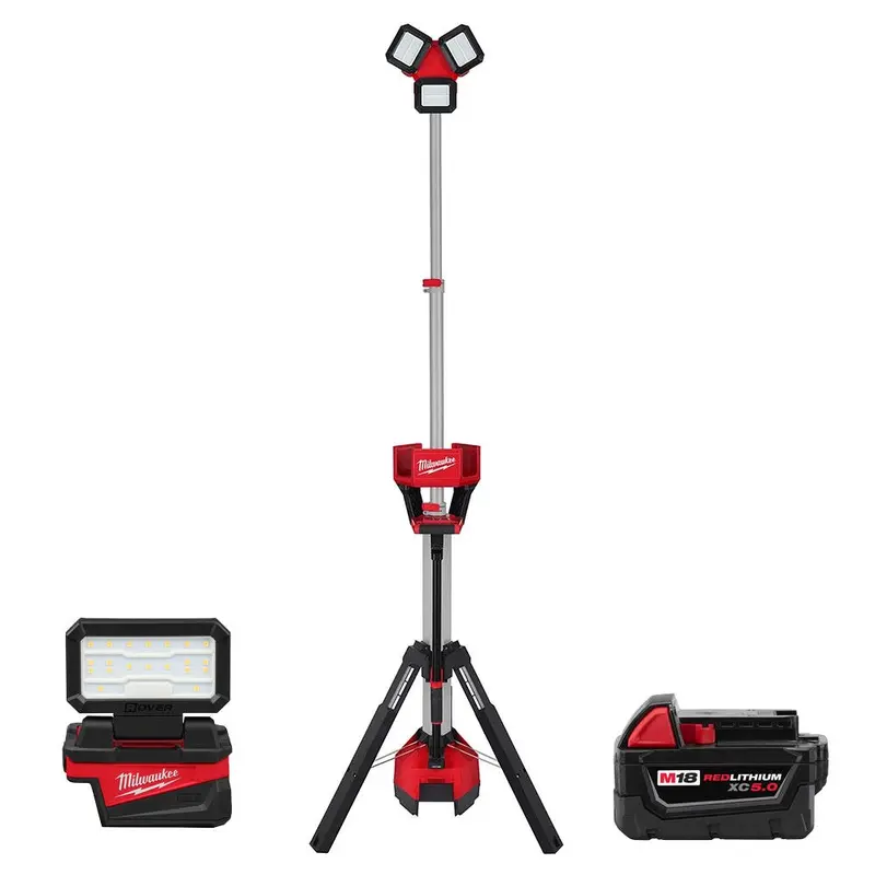 Milwaukee M18 ROCKET Tower Light/Charger + M18 ROVER Compact Folding Flood Light + 5.0Ah Battery