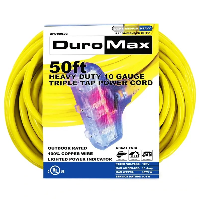 Duromax XPC10050C 50-Foot 10-Gauge Triple Tap Extension Power Cord (PROMO)