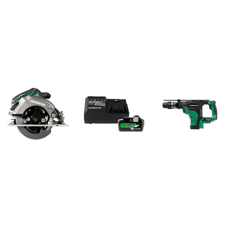 Metabo HPT 36V MultiVolt Brushless 7-1/4-in Circular Saw, 1-9/16 Inch SDS Max Rotary Hammer and MultiVolt Lithium Ion Slide Battery and Charger Starter Kit