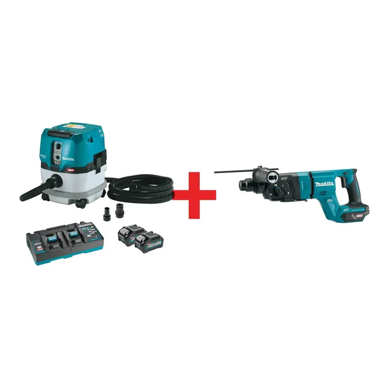 Makita 40V max XGT Brushless 2.1 Gal. HEPA Dry Dust Extractor Kit AWS Capable (4.0Ah) w/ 40V max XGT 1-1/8" SDS-PLUS AVT Rotary Hammer