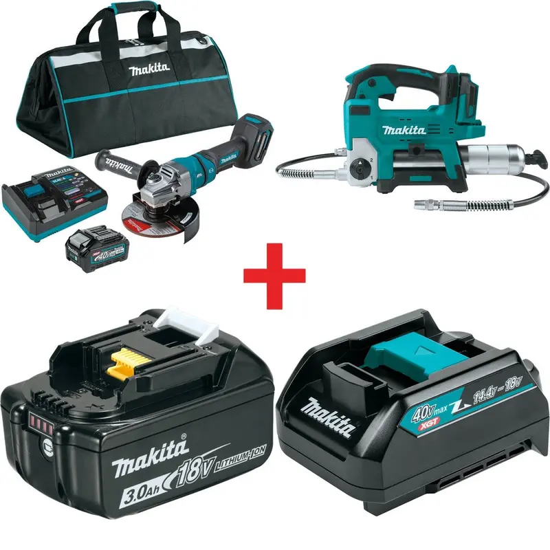 Makita 40V max XGT Brushless 4-1/2" / 6" Paddle Switch Angle Grinder Kit, with Electric Brake (4.0Ah) with 18V LXT Lithium-Ion Grease Gun Kit (3.0Ah)
