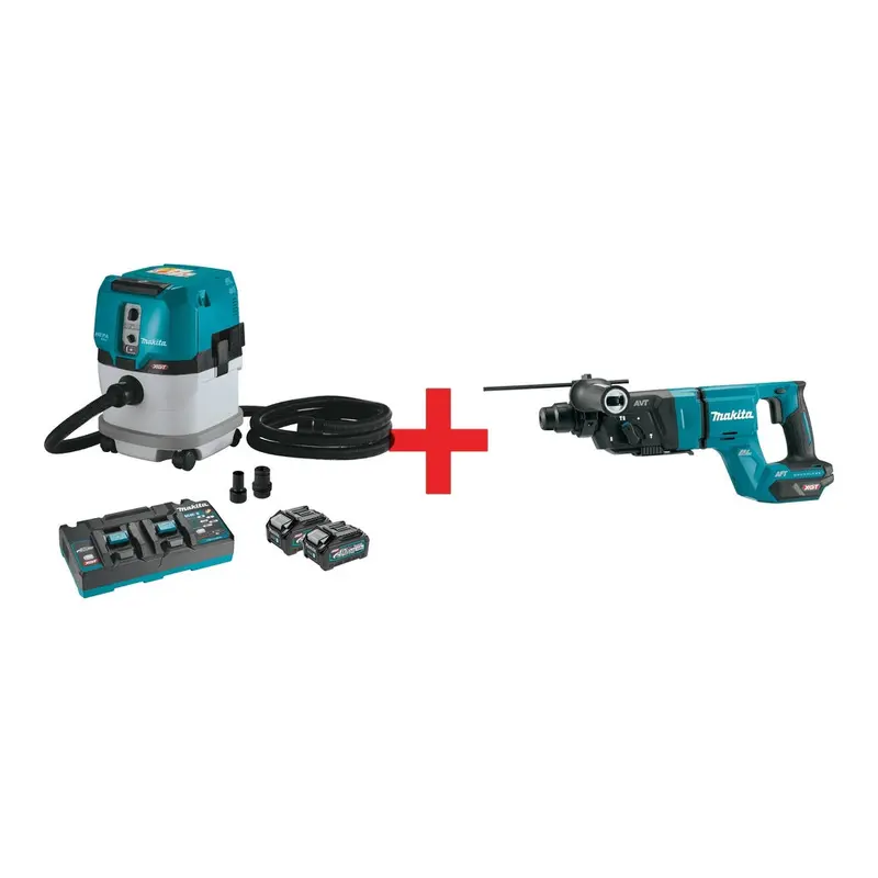 Makita 40V max XGT Brushless 4 Gal. HEPA Dry Dust Extractor Kit AWS Capable (4.0Ah) w/ 40V max XGT Brushless 1-1/8" SDS-PLUS AVT Rotary Hammer
