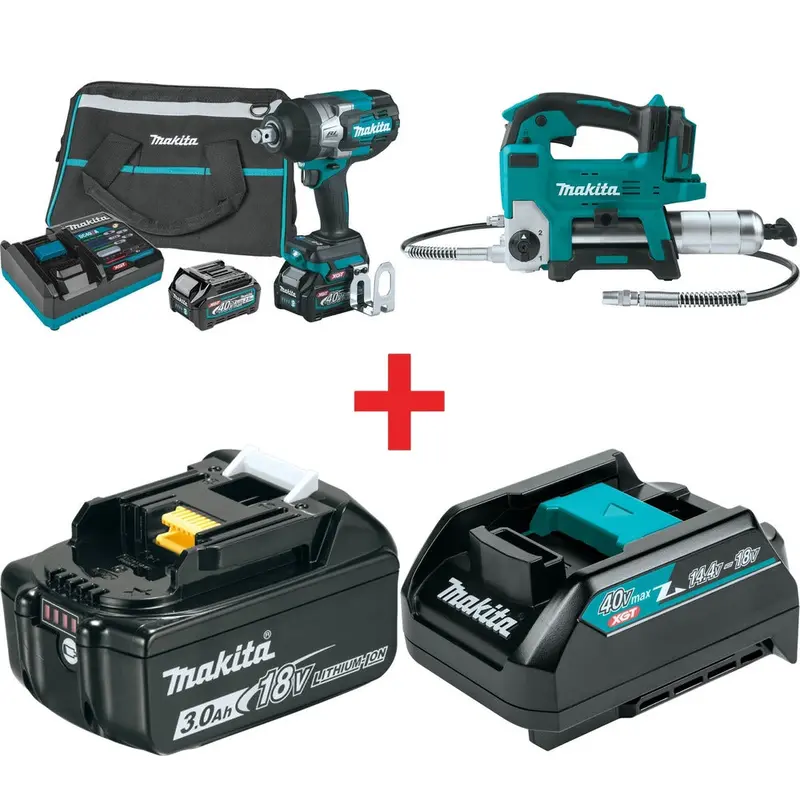 Makita 40V max XGT Brushless 4-Speed High-Torque 3/4-Inch Square Drive Impact Wrench 2.5Ah Kit with 18V LXT Lithium-Ion Grease Gun Kiit (3.0Ah)