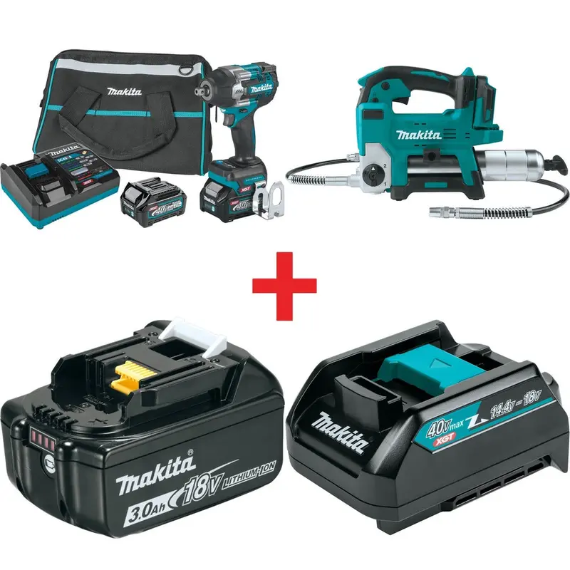 Makita 40V max XGT Brushless 4-Speed Mid-Torque 1/2" Sq. Drive Impact Wrench Kit w/ Detent Anvil (2.5Ah) with 18V LXT Lithium-Ion Grease Gun Kit (3.0Ah)
