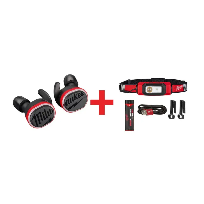 Milwaukee REDLITHIUM USB Bluetooth Ear Buds with USB Rechargeable BEACON 600-Lumen Hard Hat Light