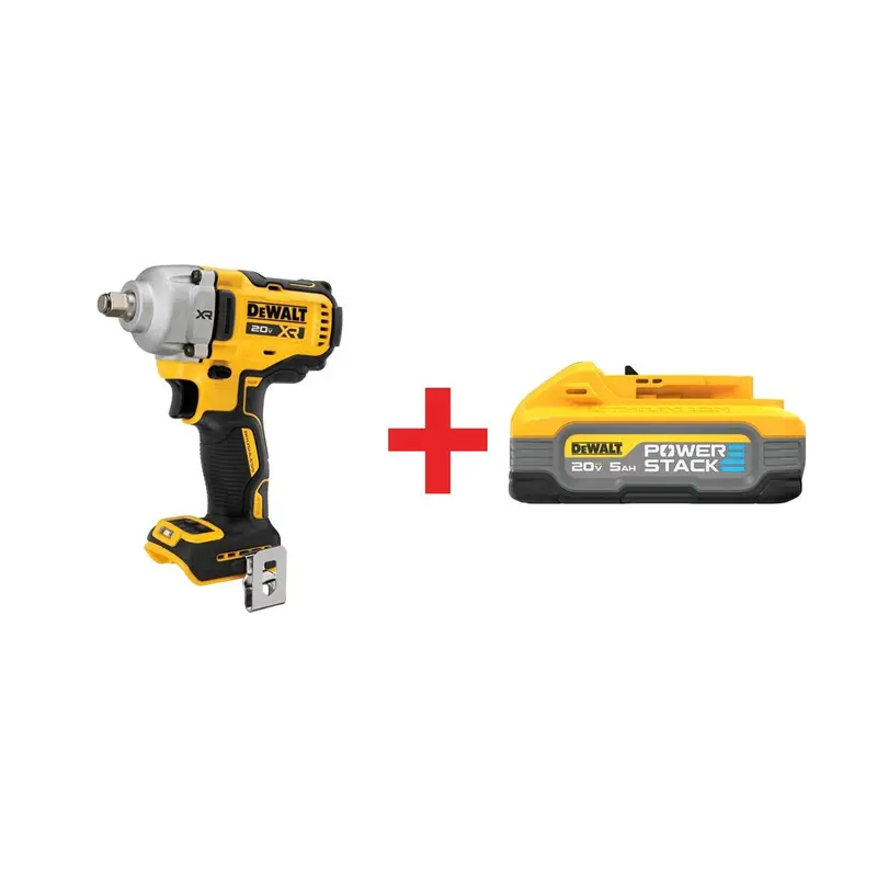 DeWalt 20V MAX XR 1/2" Mid-Range Impact Wrench w/ Hog Ring Anvil with 20V MAX POWERSTACK 5.0Ah Battery