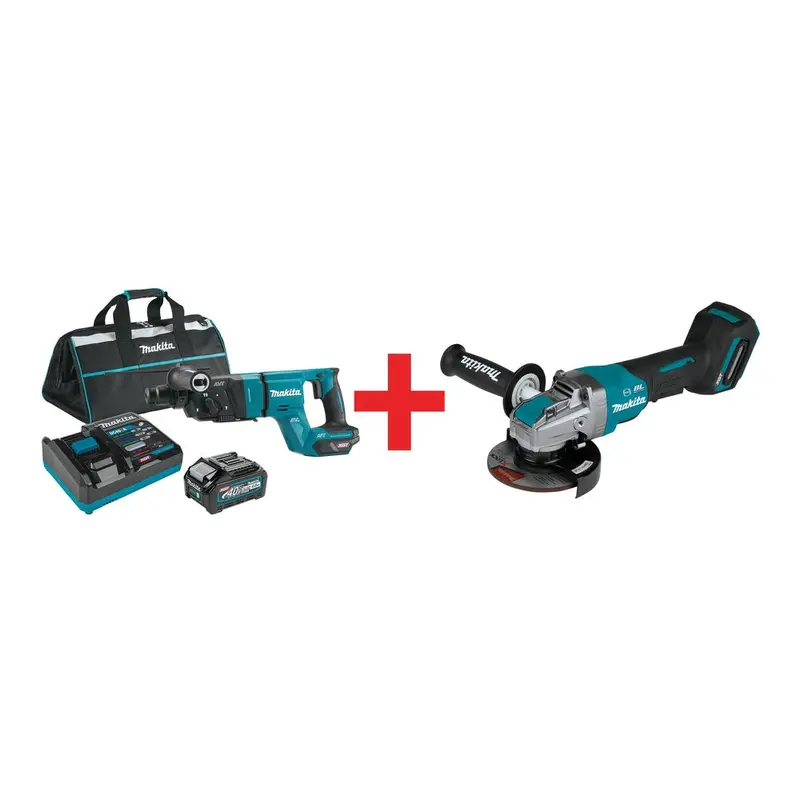 Makita 40V max XGT Brushless Cordless 1-1/8 in. AVT Rotary Hammer (D-Handle) 4.0Ah Kit, and 5" X-LOCK Paddle Switch Angle Grinder (Bare Tool)