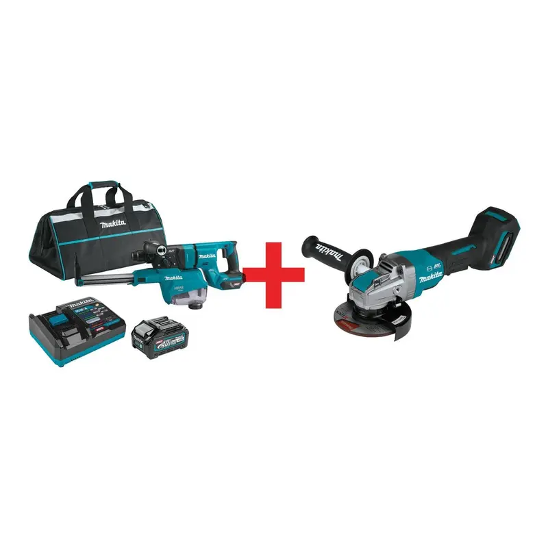 Makita 40V max XGT Brushless Cordless 1-1/8 in. AVT Rotary Hammer (D-Handle) 4.0Ah Kit w/Dust Extractor, and 5" X-LOCK Paddle Switch Angle Grinder (Bare Tool)