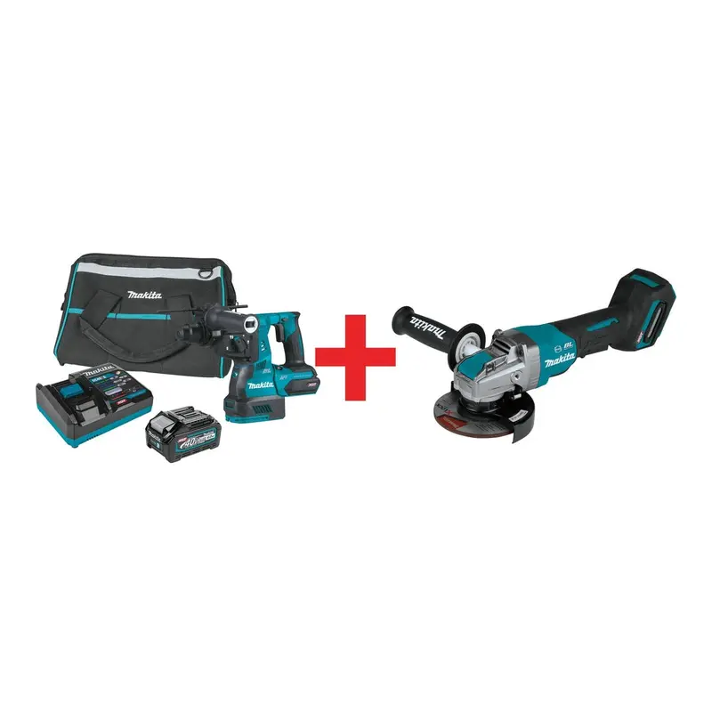 Makita 40V max XGT Brushless Cordless 1-1/8-Inch AVT Rotary SDS-PLUS Hammer 4.0Ah Kit, and 5" X-LOCK Paddle Switch Angle Grinder (Bare Tool)