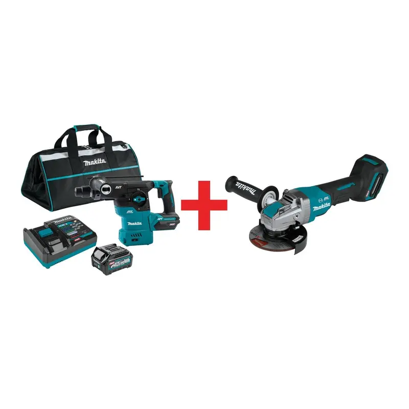 Makita 40V MAX XGT Brushless Cordless 1-3/16" SDS-Plus AVT Rotary Hammer 4.0Ah Kit, and 5" X-LOCK Paddle Switch Angle Grinder (Bare Tool)