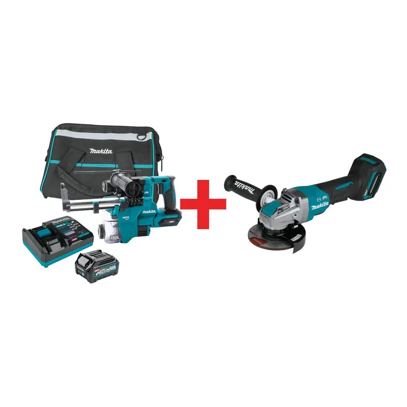 Makita 40V max XGT Brushless Cordless 13/16" SDSPLUS AVT Rotary Hammer Kit w/Dust Extractor, (2.5Ah) plus 5" X-LOCK Paddle Switch Angle Grinder (Bare Tool)