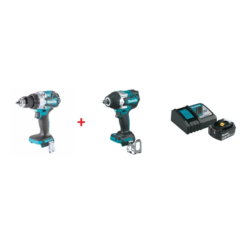 Makita 18V LXT Lithium-Ion Brushless 1/2 in. Hammer Driver Drill, 1/2-Inch Sq. Drive Impact Wrench, and 18V 5.0Ah Battery and Charger Starter Pack