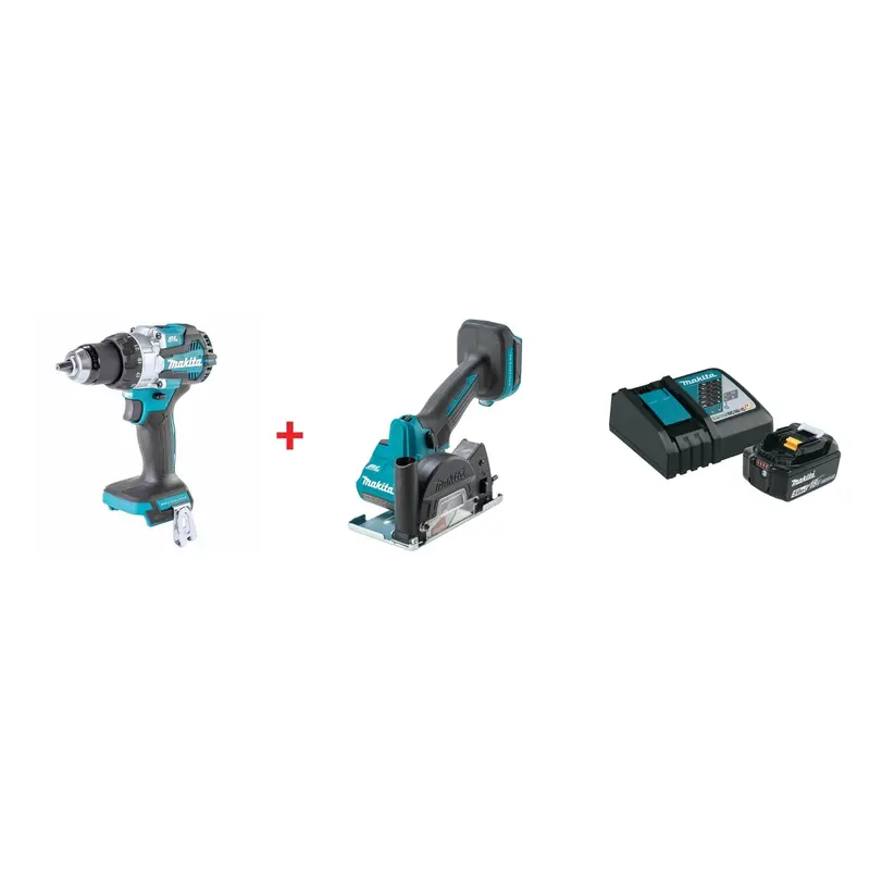 Makita 18V LXT Lithium-Ion Brushless 1/2 in. Hammer Driver Drill, 3" Cut-Off Tool, and 18V 5.0Ah Battery and Charger Starter Pack