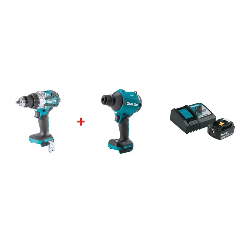 Makita 18V LXT Lithium-Ion Brushless 1/2 in. Hammer Driver Drill, High Speed Blower/Inflator, and 18V 5.0Ah Battery and Charger Starter Pack