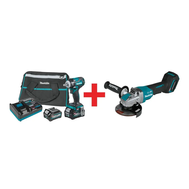 Makita 40V max XGT Brushless Cordless 4-Speed 1/2-Inch Square Drive Impact Wrench 2.5Ah Kit with 5" X-LOCK Paddle Switch Angle Grinder (Bare Tool)