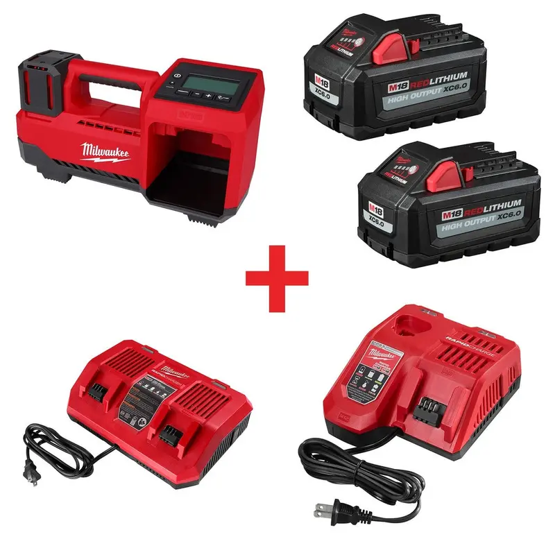 Milwaukee M18 Compact Tire Inflator with XC 6.0Ah Battery 2-Pack and M18 Dual Bay Simultaneous Rapid Charger and M18 & M12 Rapid Charger