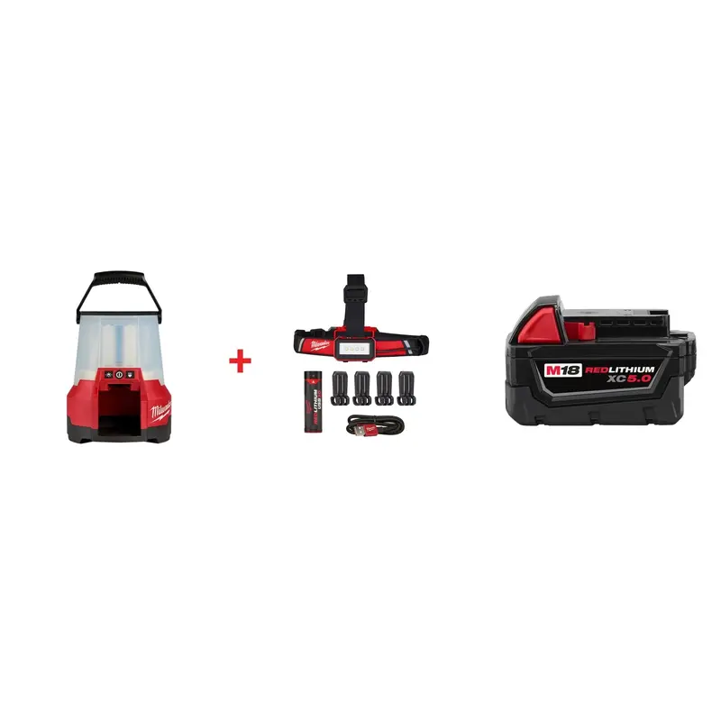 Milwaukee M18 RADIUS LED Site Light & Low Profile USB Headlamp Set with M18 REDLITHIUM XC 5.0Ah Battery