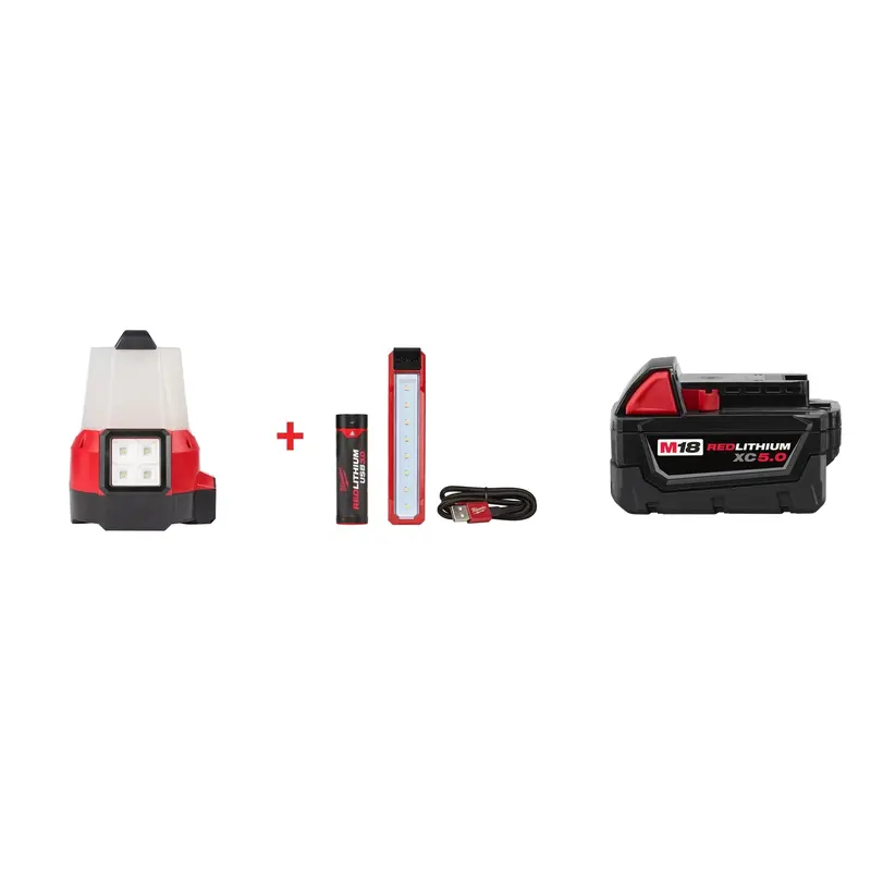 Milwaukee M18 RADIUS Site Light (FM) & ROVER USB Flood Light Set with M18 REDLITHIUM XC 5Ah Battery