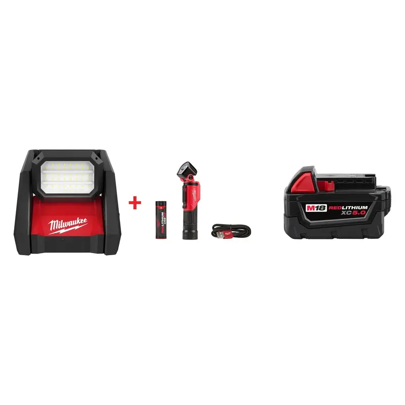Milwaukee M18 ROVER Flood Light & Pivoting USB Flashlight Set with M18 REDLITHIUM XC 5.0Ah Battery