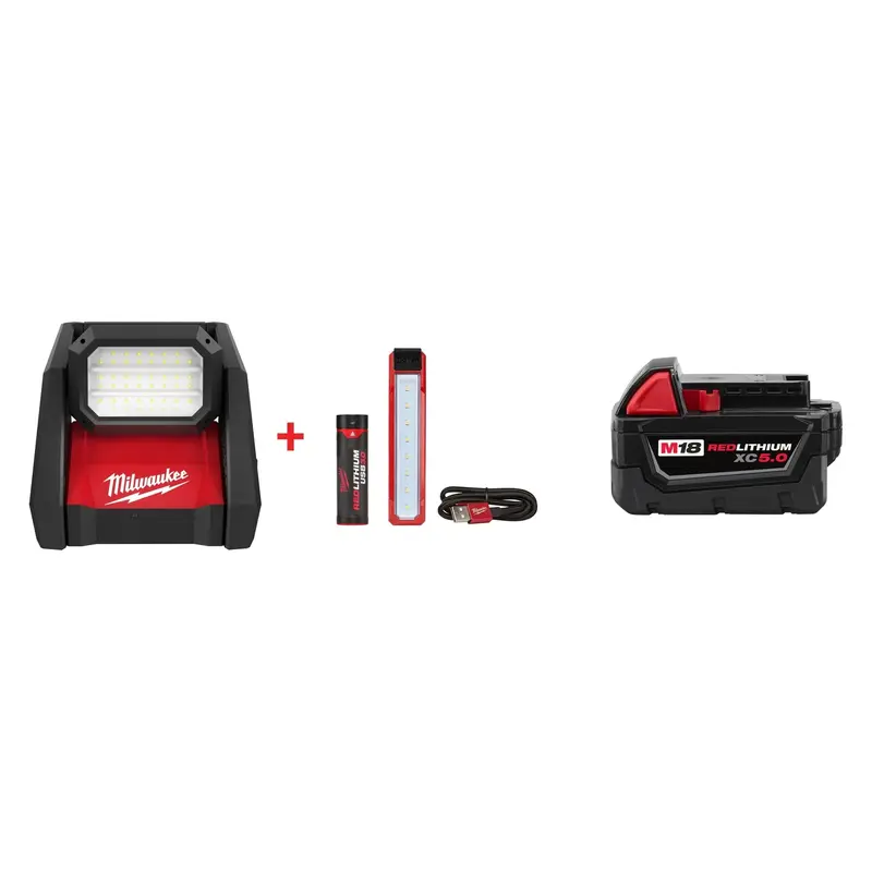 Milwaukee M18 ROVER Flood Light & USB Pocket Flood Light Set with M18 REDLITHIUM XC 5.0Ah Battery