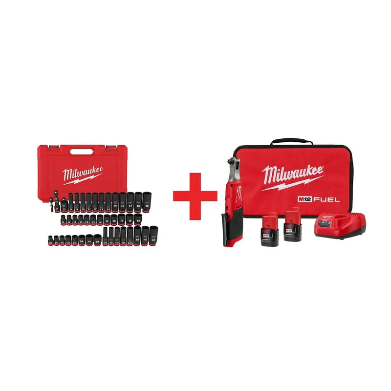 M12 FUEL 12V Cordless High Speed 3/8 in. Ratchet Kit with 3/8 in. Drive SAE and Metric Impact Socket Set (43-Piece)