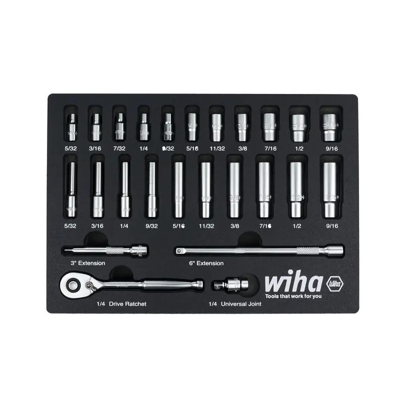 Wiha 33396 25-Piece 1/4 in. Drive Professional Standard And Deep Socket Tray Set, SAE