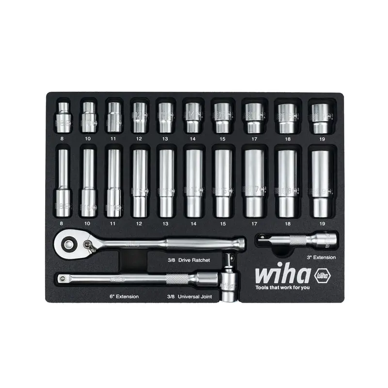 Wiha 33795 24-Piece 3/8 in. Drive Professional Standard And Deep Socket Tray Set, Metric