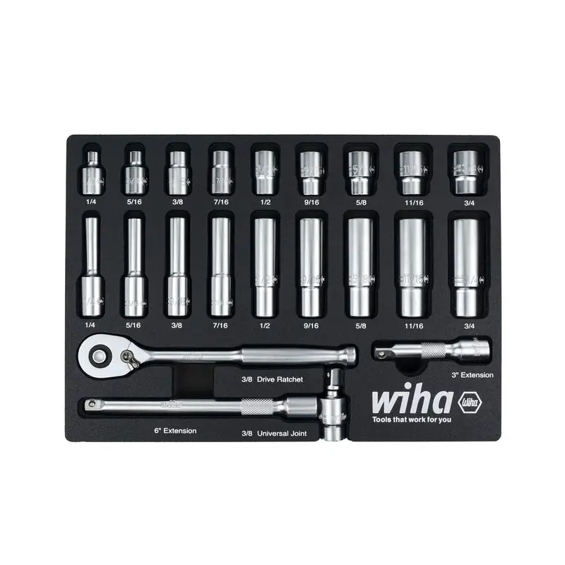 Wiha 33796 22-Piece 3/8 in. Drive Professional Standard And Deep Socket Tray Set, SAE