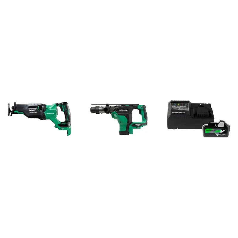 Metabo HPT 36V Brushless Reciprocating saw, 1-9/16 Inch SDS Max Rotary Hammer and MultiVolt Lithium Ion Slide Battery and Charger Starter Kit