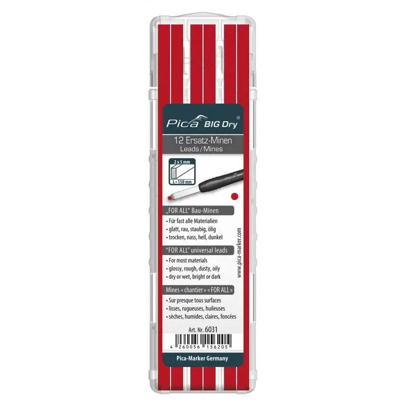 Pica 6031 BIG Dry Universal Lead Refill, Red (12-Pack)