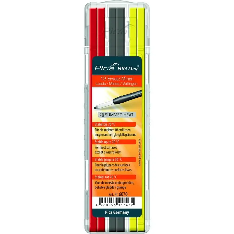 Pica 6070 BIG Dry SUMMERHEAT Lead Refill, Red/Graphite/Yellow (12-Pack)