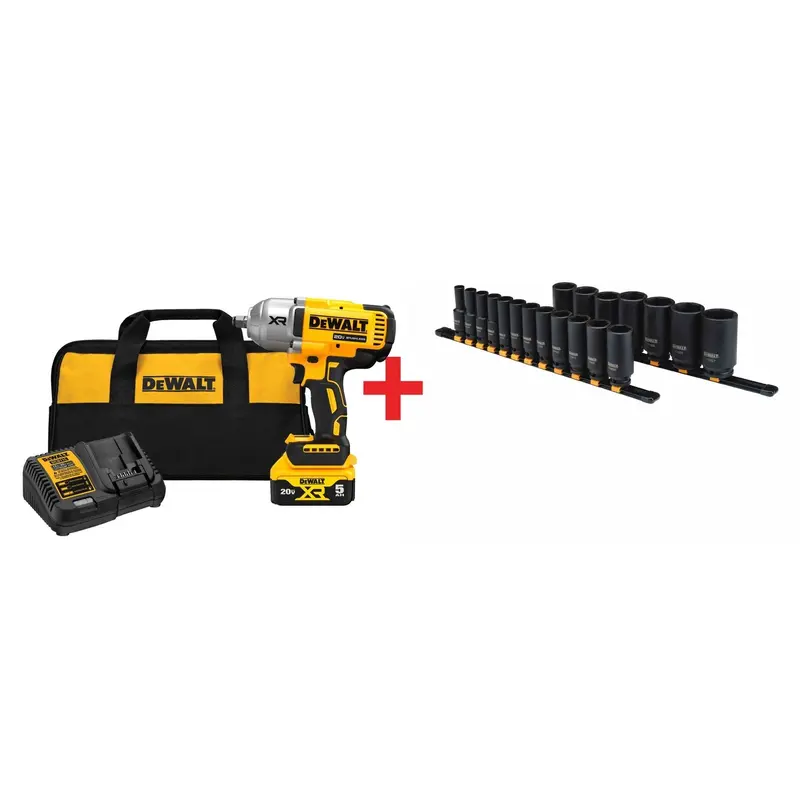 DeWalt 20V MAX XR 1/2" High Torque Impact Wrench 5.0Ah Kit plus 19-Piece 1/2-in Drive Deep 6PT Impact Socket Set