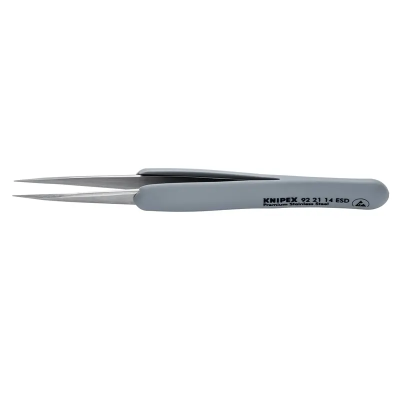 Knipex 92 21 14 ESD Premium Stainless Steel Precision Tweezers-Pointed Tips-ESD Rubber Handles